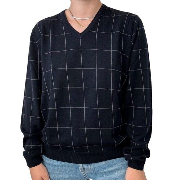 Vintage Brooks Brothers Country Club Navy Blue Checkered 100% Wool Sweater sz M